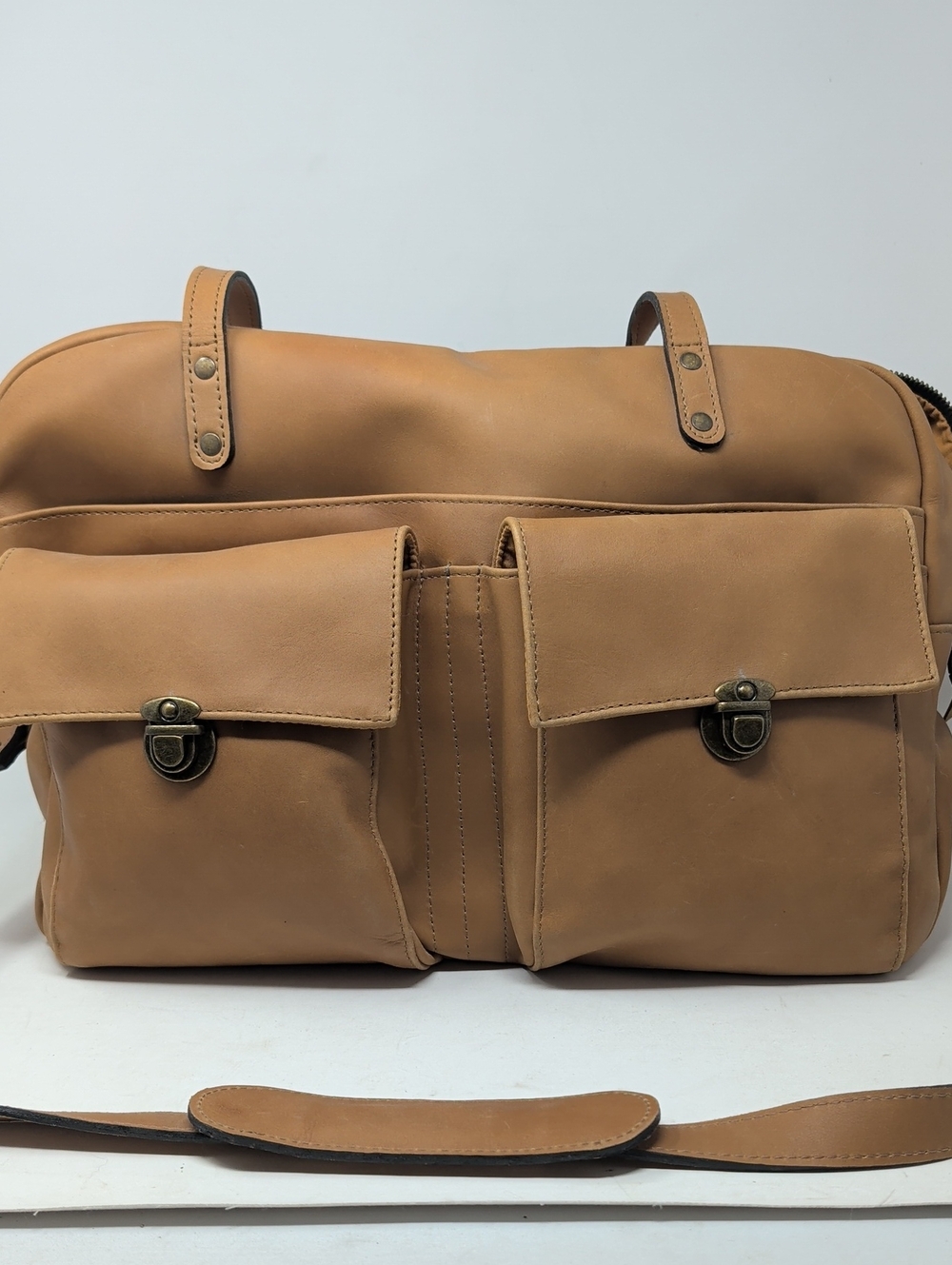 Unisex Tan Leather Travel / Diaper/ Work Bag with Front Pockets